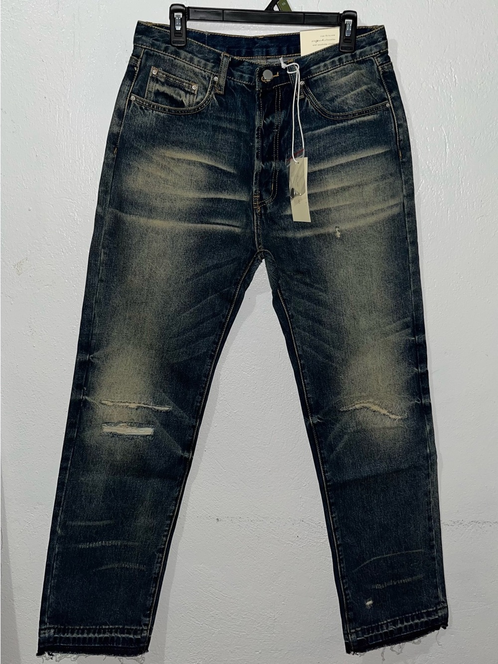 NWT Mnml Mens Baggy Distressed Denim Jeans Dark Blue Vtg Wash Frayed Hem, 31x32